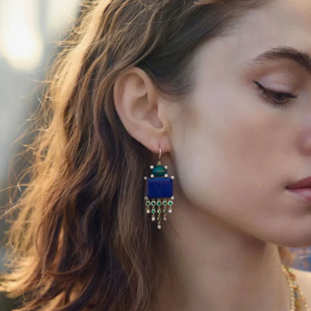 Lapis Opal Emerald Diamond Earrings