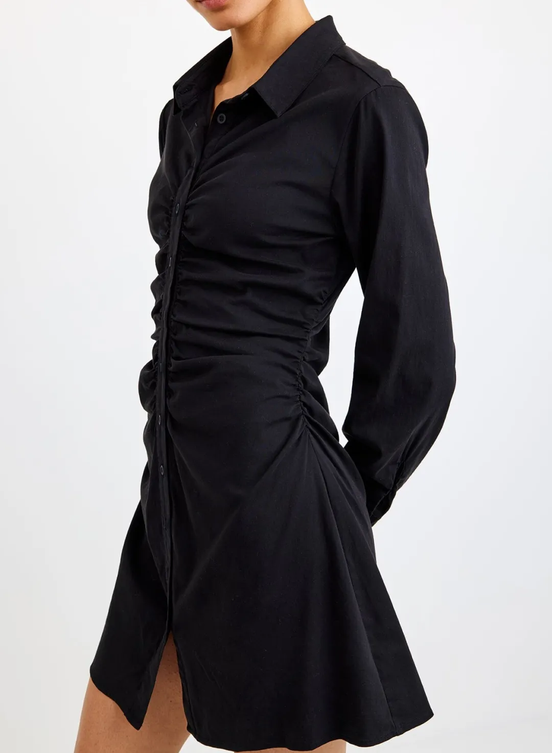 Long Sleeve Shirred Shirt Dress