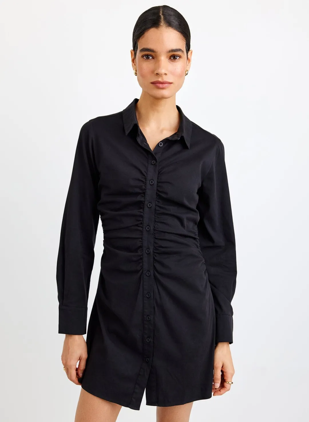 Long Sleeve Shirred Shirt Dress