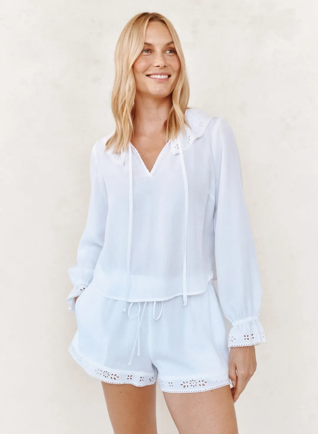 Long Sleeve Tie Neck Ruffle Top